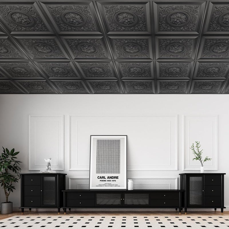 WOWSTAR 12-Pack 24"x24" Drop Ceiling Tiles, Waterproof Glue Up Vintage Style 3D Ceiling Tiles, Black - Image 2